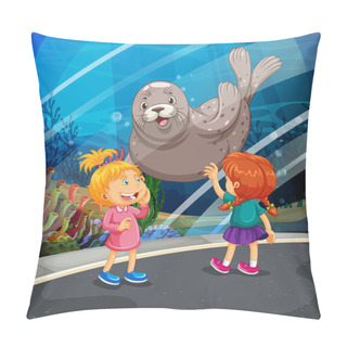 Personality  Two Girls Looking At Seal Swimming Pillow Covers