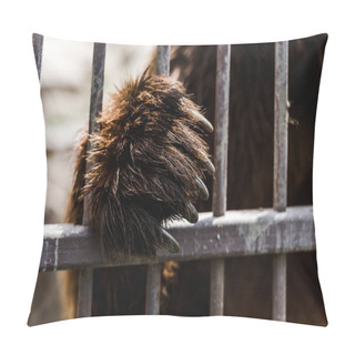 Personality  Selective Focus Of Brown Bear With Claws Standing Near Cage In Zoo  Pillow Covers