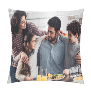 Personality  Cheerful Hispanic Family Smiling While Hugging Near Lunch At Home Pillow Covers