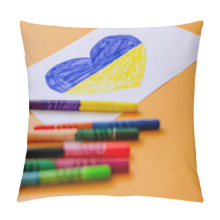Personality  Felt Pens And Paper With Drawn Ukrainian Flag In Heart On Yellow  Pillow Covers