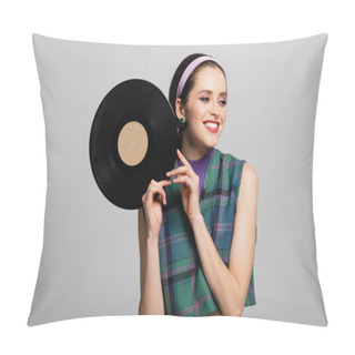 Personality  Cheerful Woman In Headband Holding Retro Vinyl Disc Isolated On Grey Pillow Covers