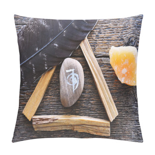 Personality  A Top View Image Of A Reiki Healing Symbol And Palo Santo Smudge Sticks On A Dark Wooden Table Top.  Pillow Covers