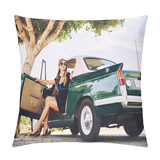 Personality  Beautiful Happy Woman Sitting In A Car. Retro Styled Pillow Covers