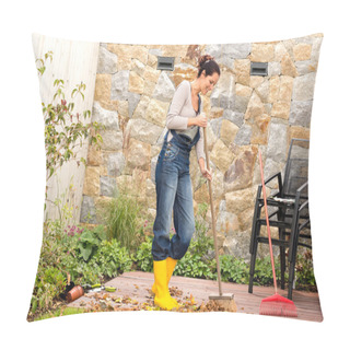 Personality  Young Woman Sweeping Autumn Leaves Veranda Pillow Covers