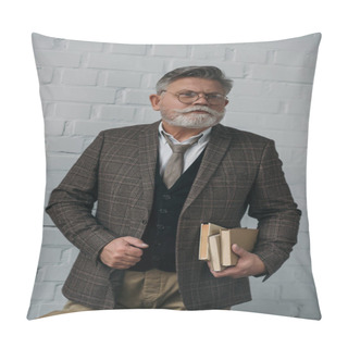 Personality  Stylish Senior Man In Tweed Suit With Stack Of Books Pillow Covers