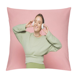 Personality  Positive Pregnant Woman Closing Eyes While Listening Music In Headphones On Pink Background  Pillow Covers