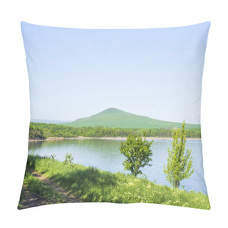 Personality  Tambukan Forest Lake On The Background Of A Green Mountain In Pyatigorsk . The Nature Of Russia And The Caucasus. Pillow Covers