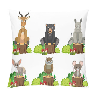 Personality  Vector Cartoon Illustration Of Animals Sitting On A Tree Stump Surrounded By A Bush Pillow Covers