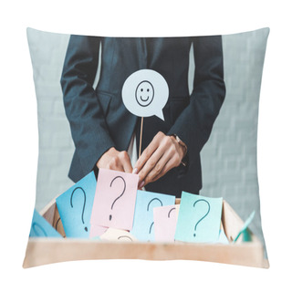 Personality  KYIV, UKRAINE - AUGUST 5, 2019: Cropped View Of Businesswoman Holding Stick With Smiley Face Near Box With Question Marks  Pillow Covers