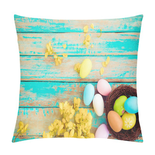 Personality  Colorful Easter Eggs In Nest With Flower On Rustic Wooden Planks Background In Blue Paint. Holiday In Spring Season. Vintage Color Tone Style. Top View Composition. Pillow Covers