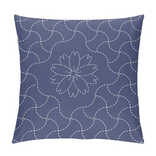Personality  Traditional Japanese Embroidery Ornament With Waves And Sakura Flower. Sashiko Vector Pattern. Pillow Covers
