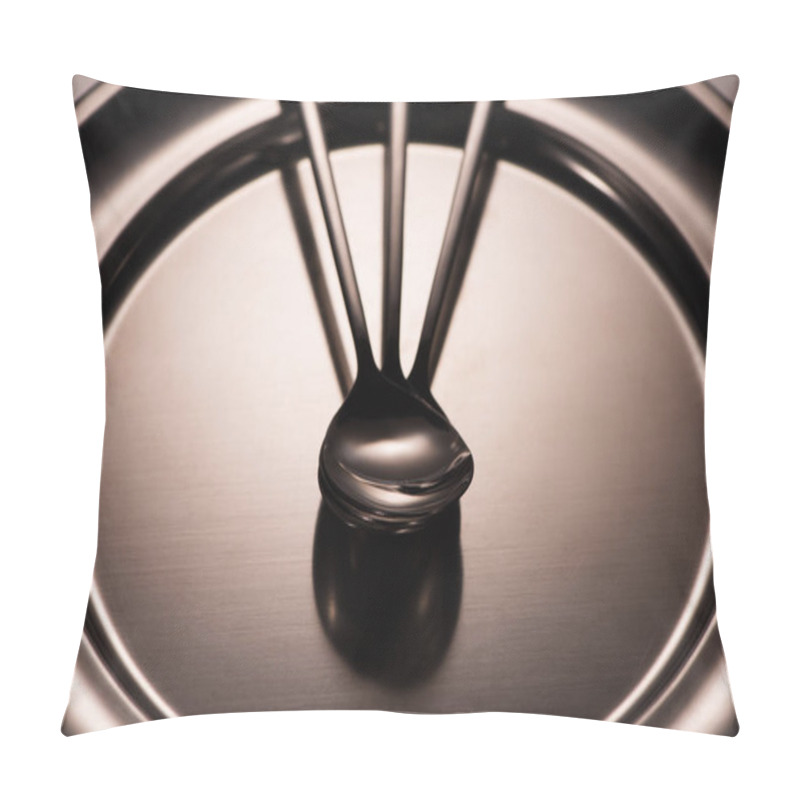 Personality  Close-up View Of Three Spoons On Shiny Metal Tray On Grey    Pillow Covers