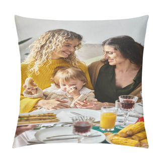 Personality  Joyful Lesbian Couple And Toddler Baby Enjoying Delicious Dinner While Gathering On Thanksgiving Pillow Covers