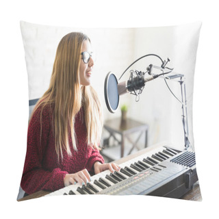 Personality  Portrait Of Woman Singer Playing Electric Piano And Singing A Song Into Mic On Online Radio Pillow Covers