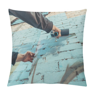 Personality  Cropped View Of Street Artist Painting Wall With Roller Pillow Covers