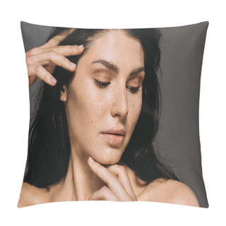 Personality  Tender Brunette Girl With Freckles On Face Isolated On Grey Pillow Covers