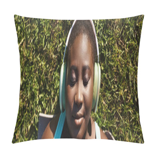 Personality  A Young Girl, With Headphones On, Lies In The Grass, Enjoying Music And The Peaceful Outdoors. Pillow Covers