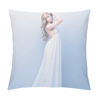 Personality  Portrait Of Beautifull Woman Standing In White Dress Pillow Covers