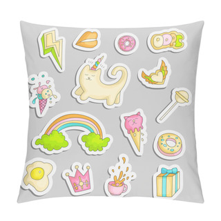 Personality  Cute Funny Girl Teenager Colored Stickers Set, Fashion Cute Teen And Princess Icons. Magic Fun Cute Girls Objects - Unicorn, Rainbows, Eggs, Crown, Gift And Other Draw Teens Icon Patch Collection. Pillow Covers