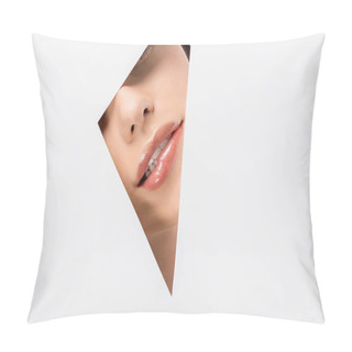 Personality  Cropped Shot Of Young Woman Biting Lip Through Hole On White Pillow Covers