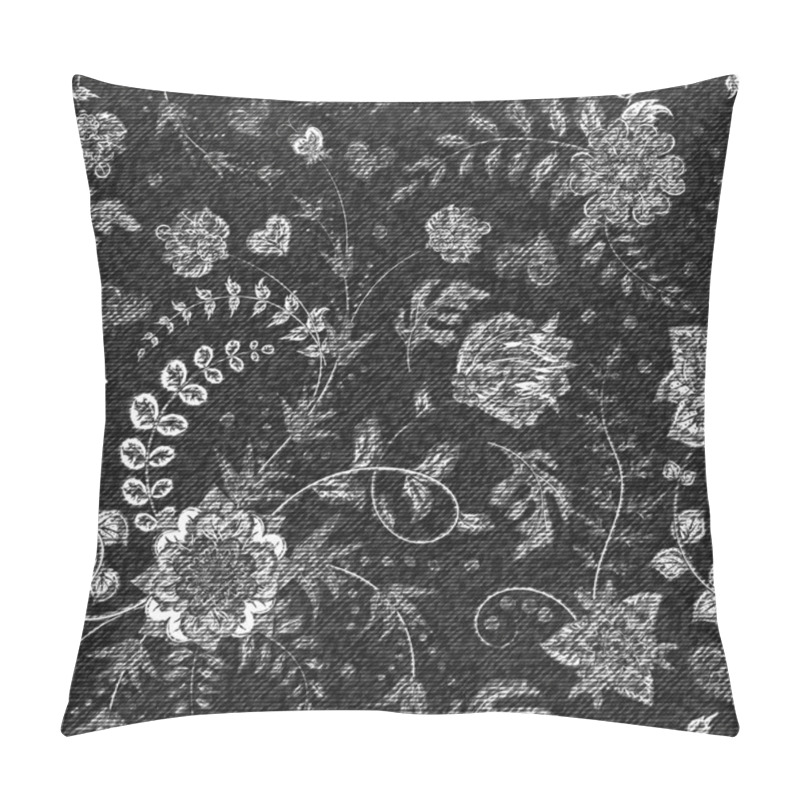 Personality  Floral vector seamless pattern. White flowers on the dark grey backdrop. The effect of embroidery on denim pillow covers