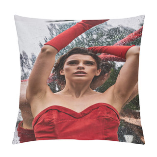 Personality  An Elegant Woman In A Flowing Red Dress And Long Gloves, Embracing The Summer Breeze In A Natural Setting. Pillow Covers