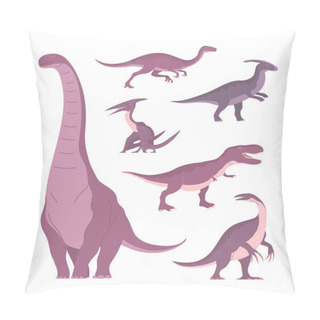 Personality  Set Of Ancient Carnivorous And Herbivorous Dinosaurs. Sauropod, Tyrannosaurus Rex, Therizinosaurus, Pterosaur. Extinct Lizard Of The Jurassic Period. Paleontology Animals. Vector Isolated Illustration Pillow Covers