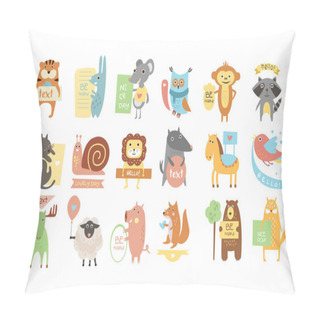 Personality  Colorful Set Of Different Animals With Stickers, Plates And Ribbons With Place For Your Text. Isolated Flat Vector Design For Children Book Pillow Covers