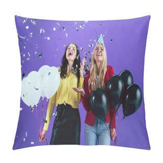 Personality  Happy Girls With Black And White Air Balloons Posing Under Confetti On Purple Background Pillow Covers
