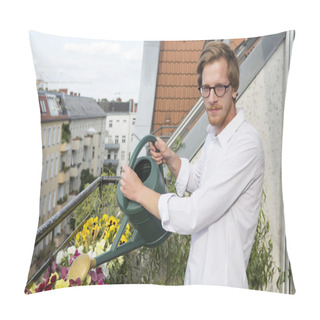 Personality  Young Man Watering Plants On Balcony Pillow Covers