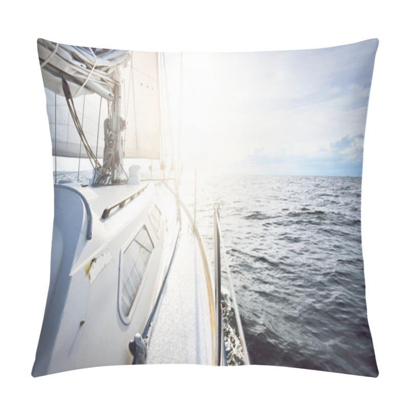 Personality  White Yacht Sailing In An Open Sea At Sunset. Close-up View From The Deck To The Bow And Sails. Dramatic Sky With Colorful Clouds After The Storm. Waves And Water Splashes. Sport And Recreation Theme Pillow Covers