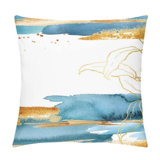 Personality  Watercolor Blue Vertical Card With Underwater Plant. Hand Painted Floral Template With Golden Laminaria Branch And Leaves. Marine Illustration For Design, Print, Fabric Or Background. Pillow Covers