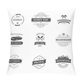 Personality  Set Of Minimal Vintage Hipster Logotype Templates. Black On White Colors. Food, Car, Travel, Barber Shop Pillow Covers