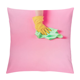 Personality  Partial View Of Female Cleaner Wiping Dust By Rag, Pink Background Pillow Covers