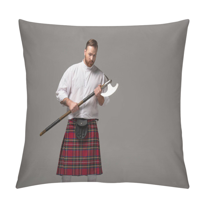 Personality  Serious Scottish Redhead Man In Red Kilt With Battle Axe On Grey Background Pillow Covers