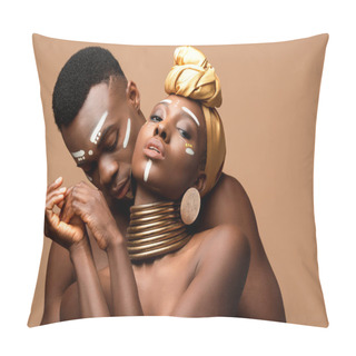 Personality  Sexy Naked Tribal Afro Couple Posing Isolated On Beige Pillow Covers