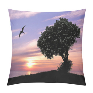 Personality  Tree Of Tranquility. Stillness In The Summer Evening As A Silhouette Tree Showing Off Its White Flowers As A Bird Gracefully Is Flying By. Warm But Pleasant Colors Of The Sunset. Pillow Covers