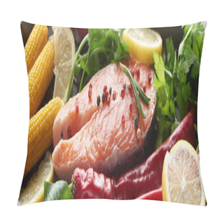 Personality  Panoramic Shot Of Raw Salmon Steak With Lemon, Herbs And Vegetables Pillow Covers