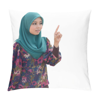 Personality  Young Asian Muslim Woman In Head Scarf Smile Point Finger Pillow Covers