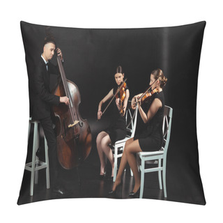 Personality  Trio Of Professional Musicians Playing Classical Music On Violins And Contrabass On Dark Stage Pillow Covers