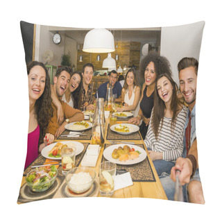 Personality  Friends At The Restaurant Making A Selfie Pillow Covers