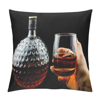 Personality  Hand Holding Glass Of Scotch Whiskey And Old Decanter Isolated On A Black Background  Pillow Covers