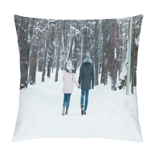 Personality  Back View Of Couple Holding Hands And Walking In Winter Park Pillow Covers