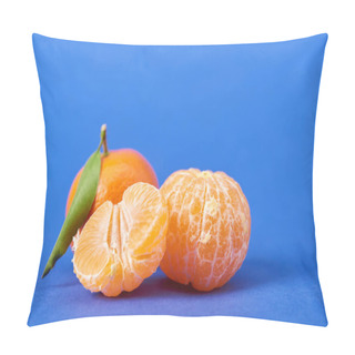 Personality  Half Of Peeled Tangerine Near Whole Clementines On Blue Background  Pillow Covers