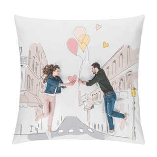 Personality  Creative Hand Drawn Collage With Couple Presenting Valentines Day Gifts To Each Other Pillow Covers
