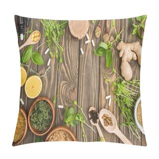 Personality  Top View Of Pills And Green Herbs On Wooden Surface, Naturopathy Concept Pillow Covers