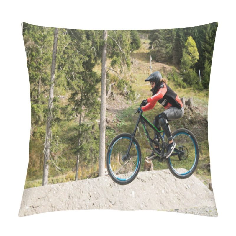 Personality  Downhill Mountain Biker Jumping High And Riding Hard In Lenzerheide Pillow Covers
