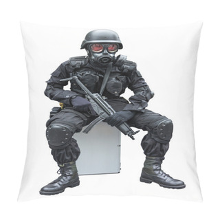 Personality  Special Force Soldier Wearing Military Uniform With Sub Machine Gun Weapon Gas Mask Is Sitting In White Isolated Isolation Background Pillow Covers