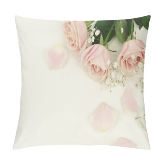 Personality  Flower Arrangement Of Pink Roses And Petals On A White Background.Holiday Concept. Copy Space Pillow Covers