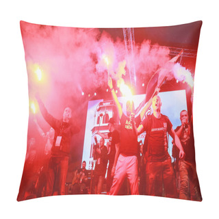 Personality  ZAGREB, CROATIA - JULY 11, 2018 : Zapresic Boys Fan Band On The Stage Celebrating Victory Of 2:1 Croatia Vs England In Semifinales Fifa World Cup 2018 On Ban Jelacic Square In Zagreb, Croatia. Pillow Covers